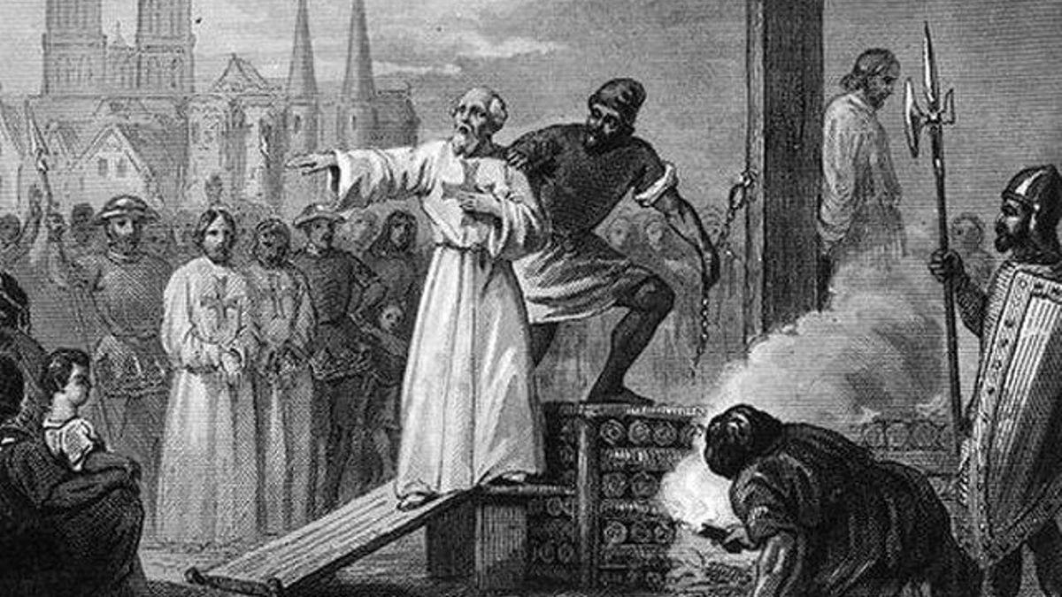Grabado que muestra el momento en la hoguera de Jacques de Molay, último gran maestre templario